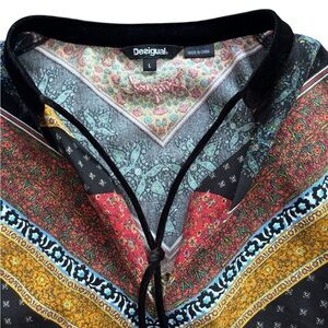 Desigual Boho Mixed Print Tassel Tie Blouse Size L